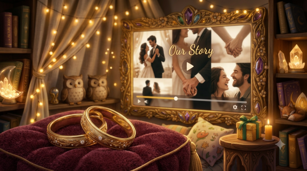 A digital display showing an anniversary tribute video titled 'Our Story' surrounded by gold wedding rings on a velvet cushion. created by personalised birthday videos
