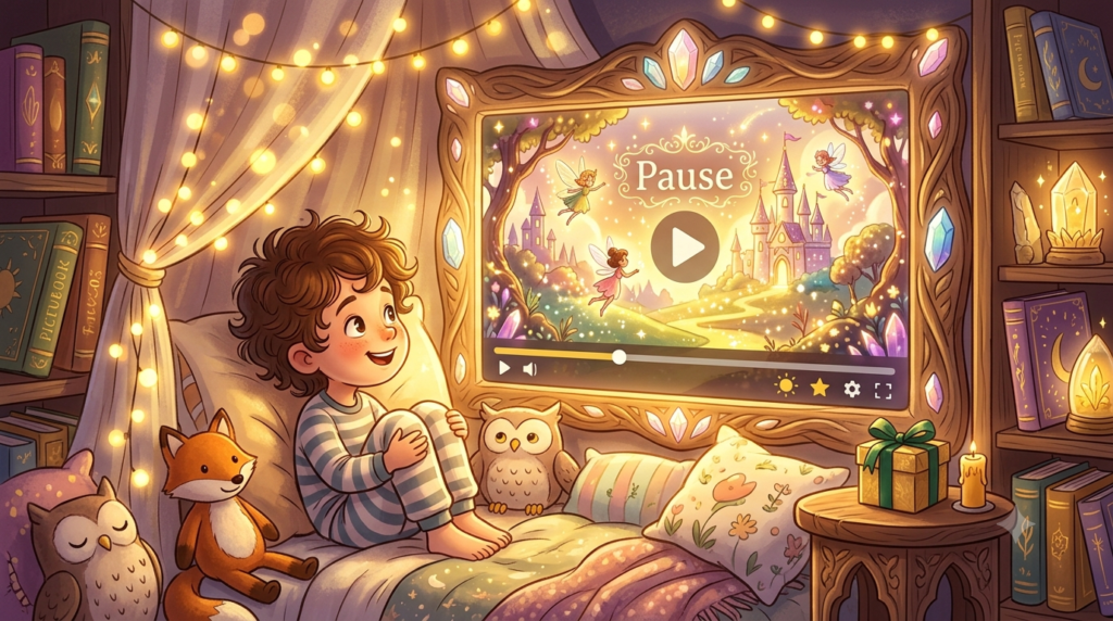 A young child sitting in a cozy bed watching a 'Pause' screen of a fairy-tale adventure video on a glowing screen. created by personalised birthday videos