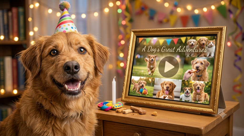 A golden retriever wearing a birthday party hat sitting next to a screen showing a 'A Dog's Great Adventures' video collage. created by personalised birthday videos