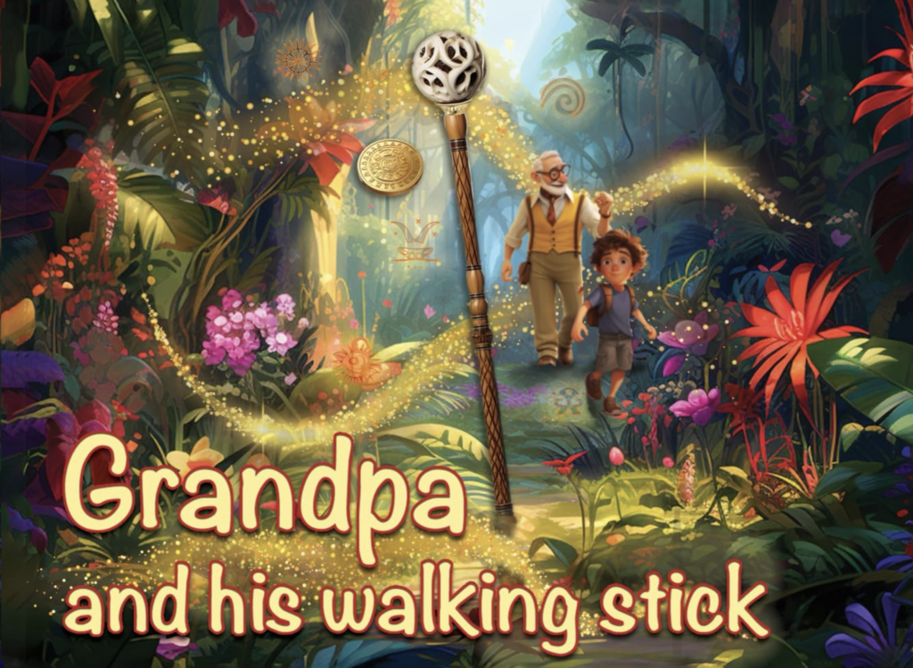 Book cover illustration showing a boy and grandpa walking through a magical glowing jungle in about personalised birthday videos