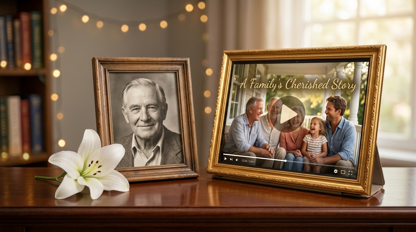 A portrait of a man in a wooden frame placed next to a video tribute frame titled 'A Family's Cherished Story' and a white lily. created by personalised birthday videos
