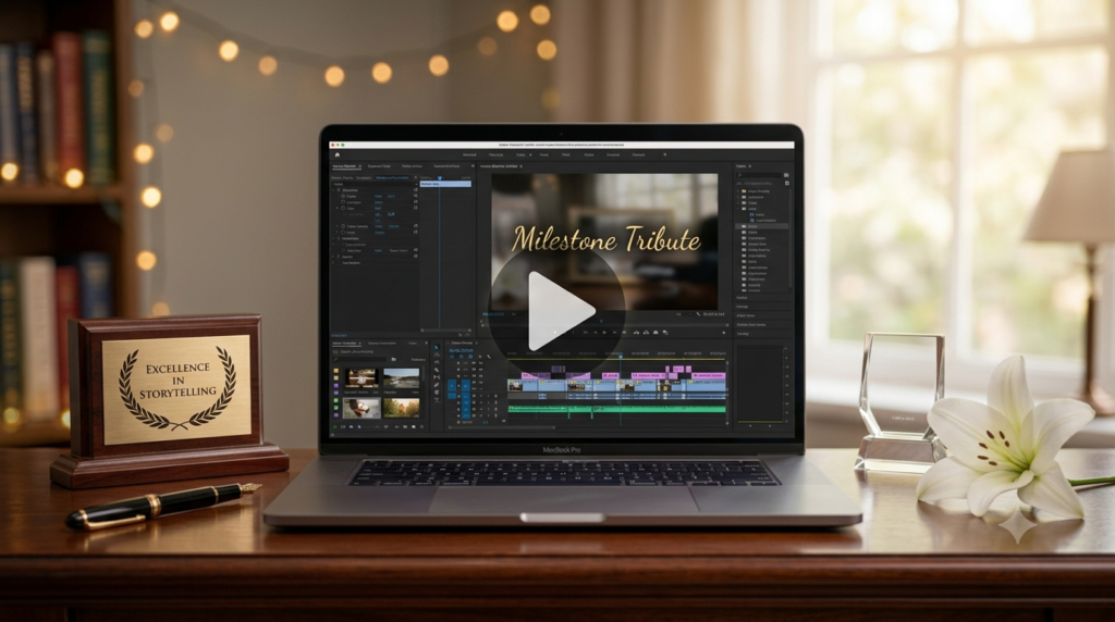 A professional video editing software open on a laptop showing a 'Milestone Tribute' project, with an 'Excellence in Storytelling' award nearby. created by personalised birthday videos