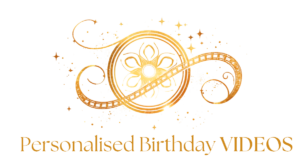 Personalised birthday videos logo featuring a gold film strip design.