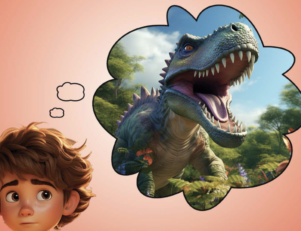 George thinking about his world of dinosaurs in grandpa and his walking stick about personalised birthday videos