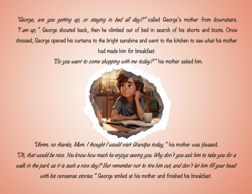 Geroge in a dreamworld in grandpa and his walking stick book about personalised birthday videos