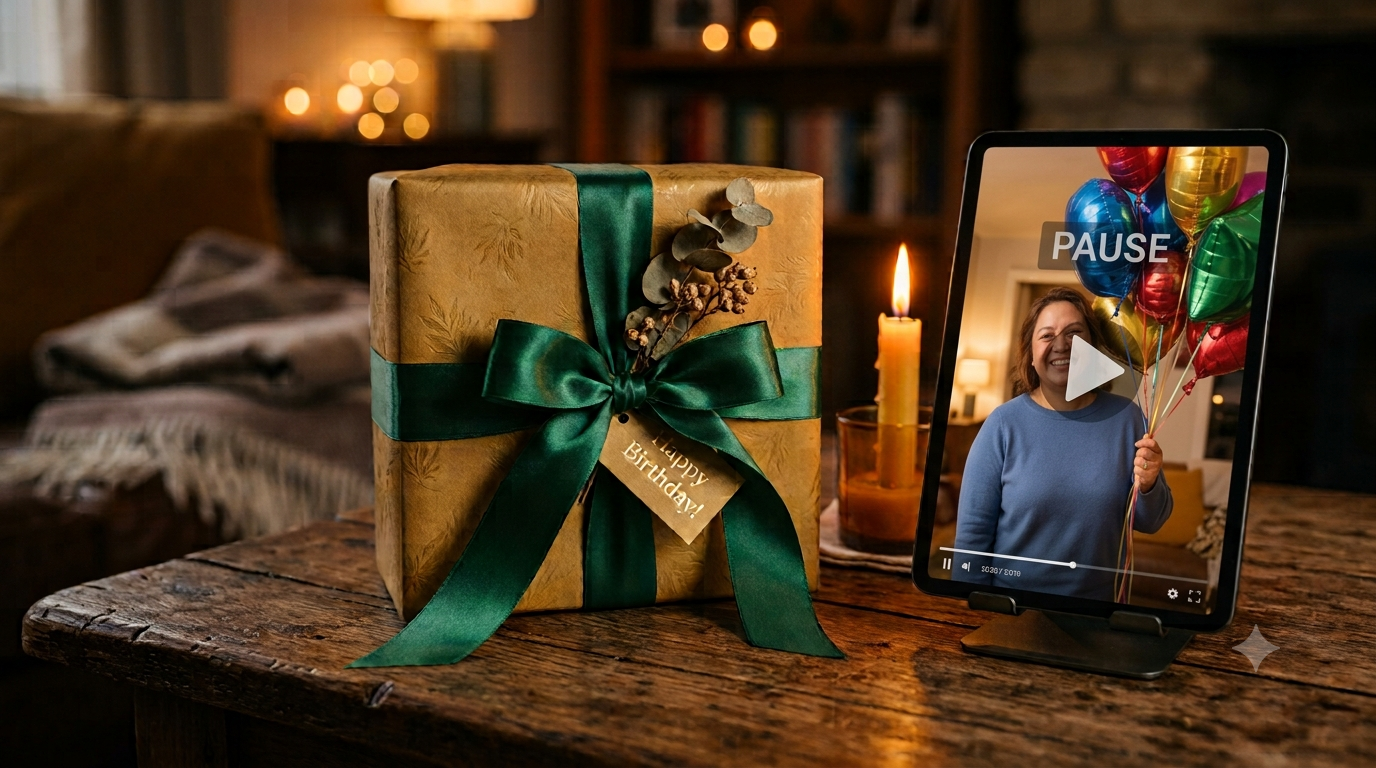 A wrapped birthday gift with a green ribbon sitting next to a tablet showing a birthday video of a woman holding colourful balloons. created by personalised birthday videos